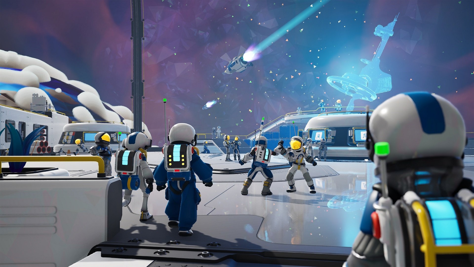 Astronauts aboard a starship looking out to space.