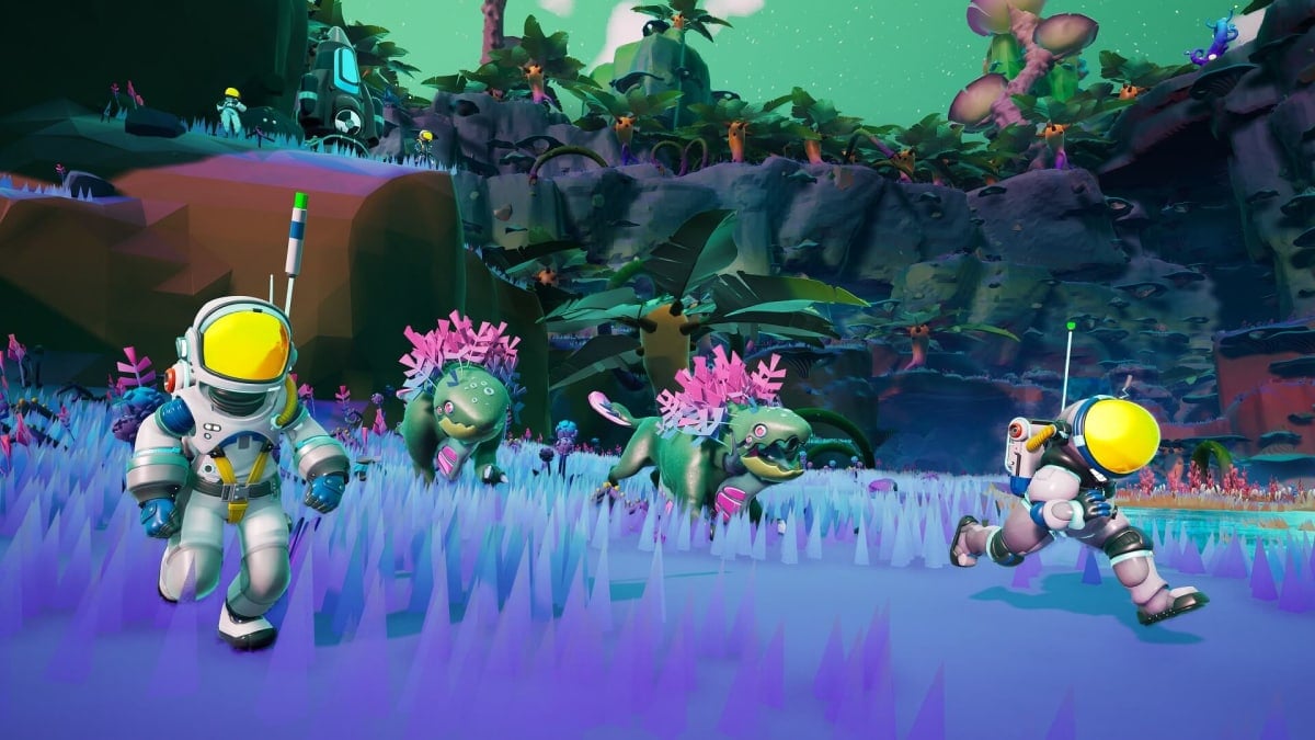 Two astronauts on an alien planet running with strange creatures.
