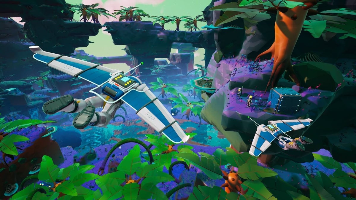 Astronaut using a glider through the air on an alien planet.