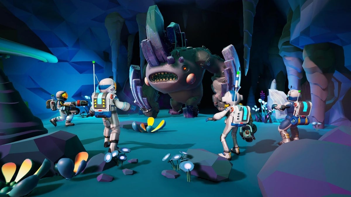 Astronauts looking at a large strange beast on an alien planet.